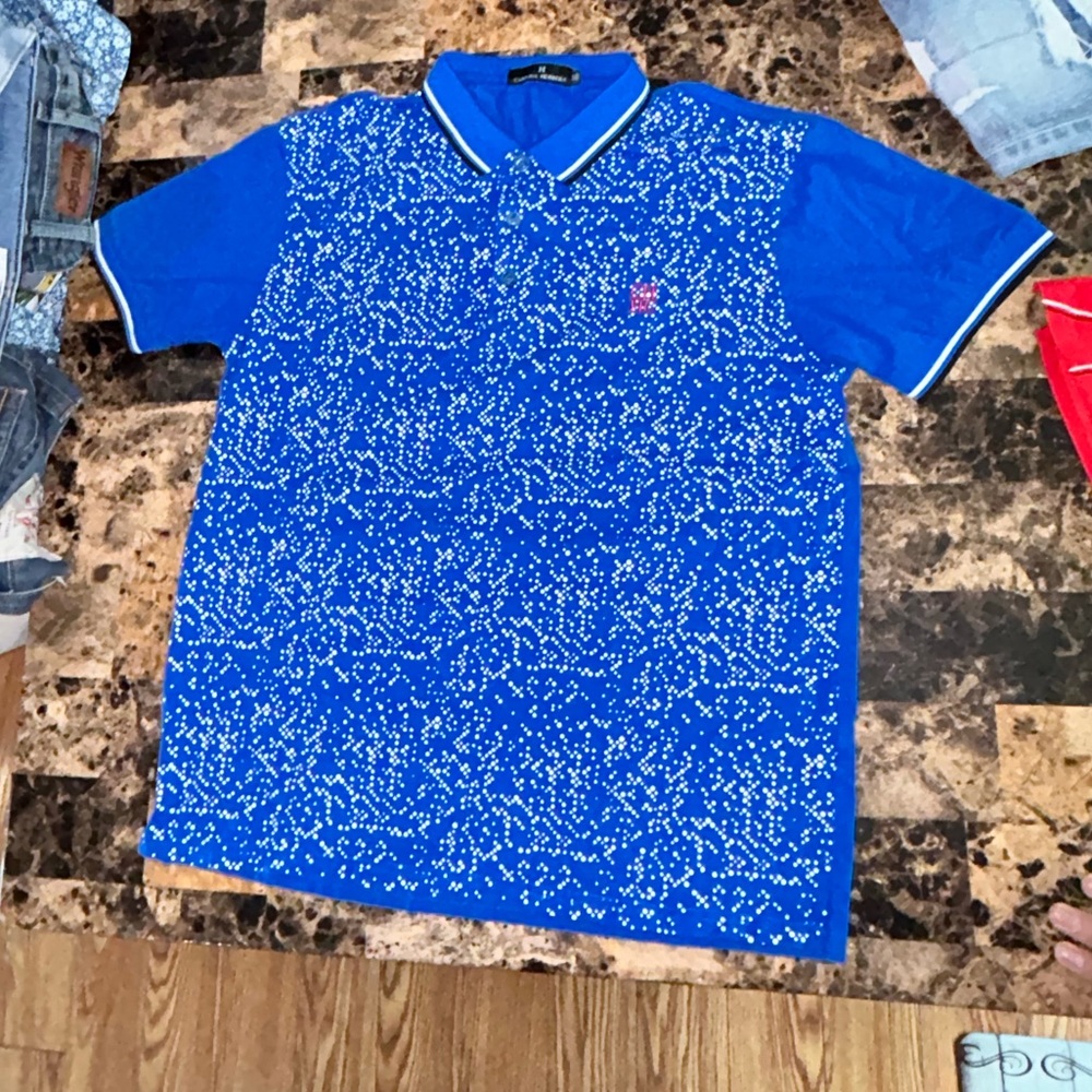 Carolina Herrera Men's M Blue White Flowery Abstract Short Sleeve Polo Shirt